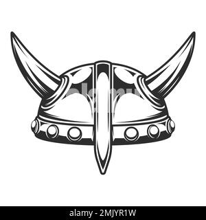 Viking vintage emblem with serious medieval nordic warrior horned helmet isolated vector illustration Stock Vector