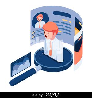 Flat 3d Isometric Businessman on Magnifying Glass with Resume. Recruitment Concept. Stock Vector