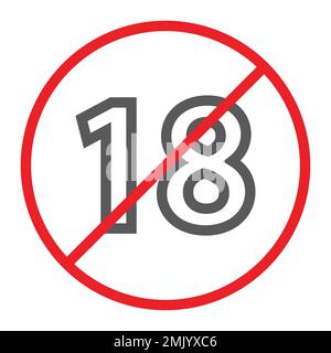 No 18 plus thin line icon, prohibited and ban, age restriction sign ...