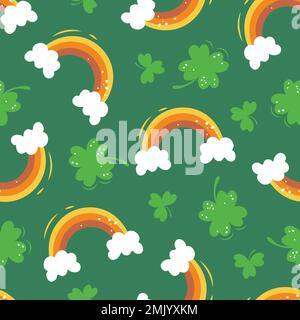 green pattern with traditional st patrick elements rainbow clover Stock Vector