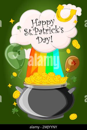 Cute pot of gold for st. patrick's holiday and a beautiful rainbow Stock Vector