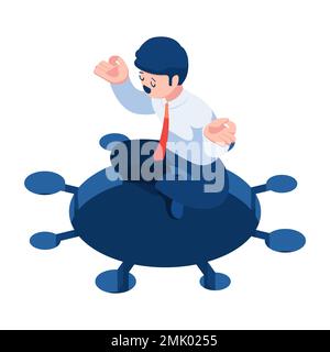 Flat 3d Isometric Businessman Doing Meditation Over Covid-19 Virus. Overcoming Covid-19 Virus Concept. Stock Vector