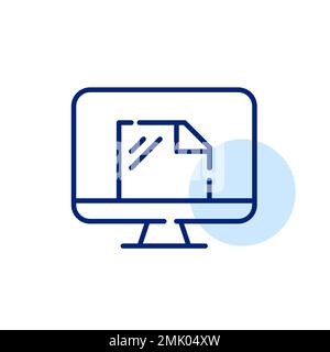 Desktop computer with file on it. Pixel perfect, editable stroke line icon Stock Vector