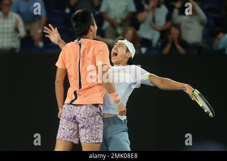 Melbourne, Australia. 28th Jan, 2023. Rinky Hijikata and Jason Kubler of Australia defeat Hugo Nys of Monaco and Jan Zielinski of Poland 6-4 7-6 in Men's Doubles Final match, Day 13 at the Australian Open Tennis 2023 at Rod Laver Arena, Melbourne, Australia on 28 January 2023. Photo by Peter Dovgan. Editorial use only, license required for commercial use. No use in betting, games or a single club/league/player publications. Credit: UK Sports Pics Ltd/Alamy Live News Stock Photo