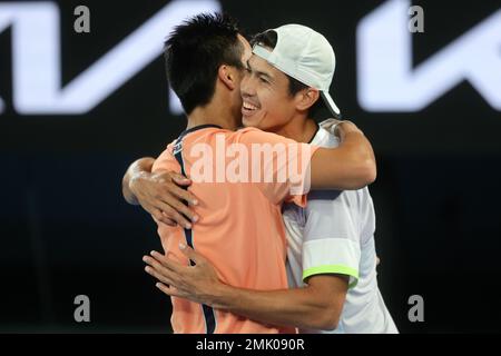 Melbourne, Australia. 28th Jan, 2023. Rinky Hijikata and Jason Kubler of Australia defeat Hugo Nys of Monaco and Jan Zielinski of Poland 6-4 7-6 in Men's Doubles Final match, Day 13 at the Australian Open Tennis 2023 at Rod Laver Arena, Melbourne, Australia on 28 January 2023. Photo by Peter Dovgan. Editorial use only, license required for commercial use. No use in betting, games or a single club/league/player publications. Credit: UK Sports Pics Ltd/Alamy Live News Stock Photo