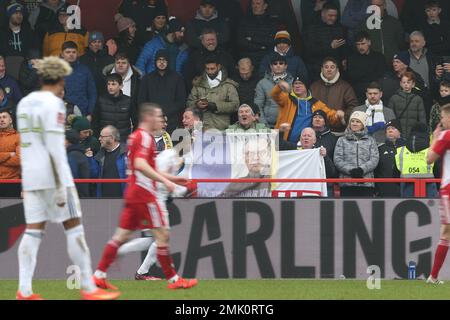 Accrington, UK. 28th Jan 2023. Leeds fans hold up a Marcelo Bielsa flag during the FA Cup 4th Round match between Accrington Stanley and Leeds United at the Wham Stadium, Accrington on Saturday 28th January 2023. (Credit: Pat Scaasi | MI News) Credit: MI News & Sport /Alamy Live News Stock Photo