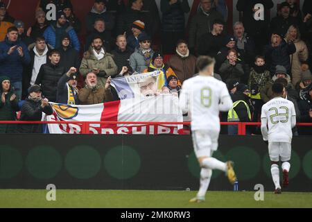 Accrington, UK. 28th Jan 2023. Leeds fans hold up a Marcelo Bielsa flag during the FA Cup 4th Round match between Accrington Stanley and Leeds United at the Wham Stadium, Accrington on Saturday 28th January 2023. (Credit: Pat Scaasi | MI News) Credit: MI News & Sport /Alamy Live News Stock Photo