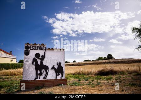 Silhouettes of Don Quixote and Sancho Panza at the entrance to the city of Esquivias where Cervantes got married Stock Photo