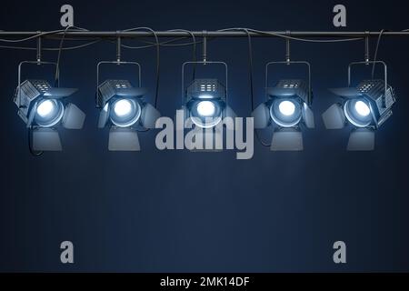 Spotlights with bright blue light shining stage or space for text. 3d illustration Stock Photo