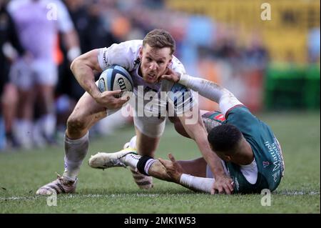 Leicester Tigers’ Anthony Watson tackles Northampton Saints’ Rory Hutchinson during the Gallagher Premiership match at the Mattioli Woods Welford Road Stadium, Leicester. Picture date: Saturday January 28, 2023. Stock Photo