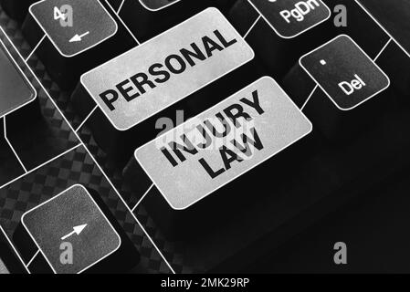 Hand writing sign Personal Injury Law. Word for being hurt or injured inside work environment Stock Photo