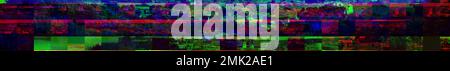 City View With Glitch Effect Of Electronics. Glitch Interlaced Multicolored Distorted Photo Of Cityscape Panorama. Digital Distortion. Purple Blue Stock Photo