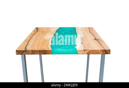Modern epoxy dining table on white background. Side view. Interior  Stock Photo