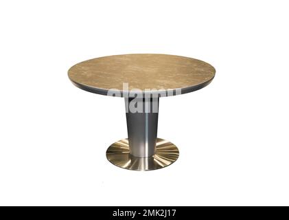 Grey stone table on a golden stand on a white background. Interior  Stock Photo