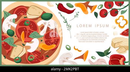 Design of horizontal ad banner for pizzeria with Mushroom Champignon pizza and ingredients on White background.Promo template for Italian food restaur Stock Photo
