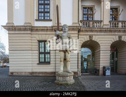 Magdeburger Roland Statue in front of Magdeburg Old City Hall - Magdeburg, Saxony-Anhalt, Germany Stock Photo