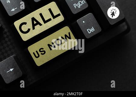 Writing displaying text Call Us Now. Internet Concept Communicate by telephone to contact help desk support assistance Stock Photo
