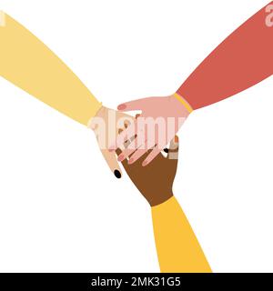 Diverse racial team workers holding hands together. Women activist feminist movement illustration. Stock Vector
