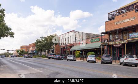 San Marcos, Texas, USA - October 14, 2022: The old business district on Hopkins Street Stock Photo