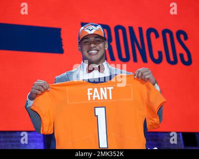 Iowa tight end Noah Fant poses with his new team jersey after the Denver  Broncos selected Fant in the first round at the NFL football draft,  Thursday, April 25, 2019, in Nashville