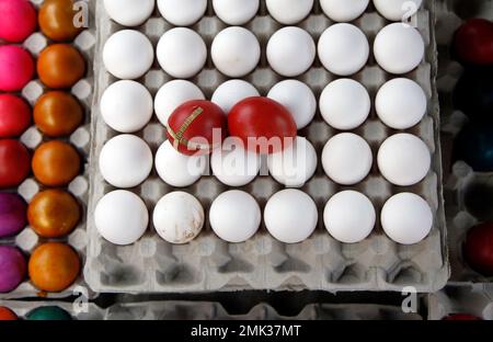 Hand decorated Easter eggs at a market in Belgrade, Serbia, Friday, April 26, 2019. Orthodox Serbs celebrate Easter on April 28, according to old Julian calendar. (AP Photo/Darko Vojinovic)