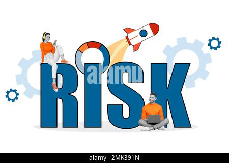 Composite collage photo poster of risk management concept coworking team hold their gadgets remote work isolated on white color background Stock Photo