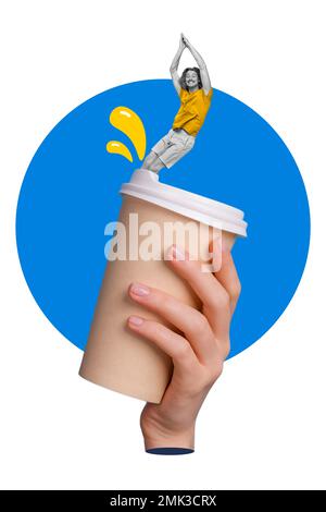 Photo sketch graphics collage artwork picture of funny funky guy diving huge big tea cup isolated drawing background Stock Photo