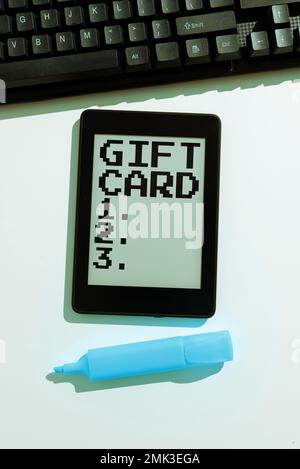 Text sign showing Gift Card. Word Written on A present usually made of paper that contains your message Stock Photo