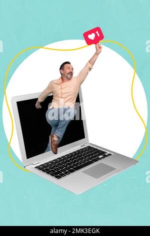 Creative abstract template graphics collage image of excited middle age guy inside apple samsung device isolated drawing background Stock Photo