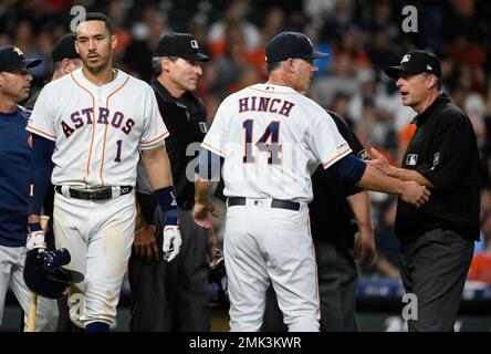 WEST PALM BEACH, FL - FEBRUARY 18: Houston Astros Manager A.J. Hinch (14)  speaks with media during a Houston Astros spring training workout at The  Ballpark of the Palm Beaches in West