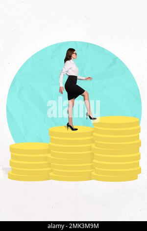 Creative 3d artwork photo collage of young successful professional ceo specialist woman walk up progress coins salary isolated on white background Stock Photo