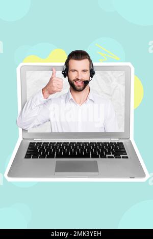 Collage photo of young call center operator man working remote thumb up like his job computer netbook display use headset isolated on blue background Stock Photo