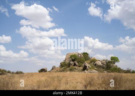 An inselberg in the african savanna in Tanzania, on a partially cloudy day. Stock Photo