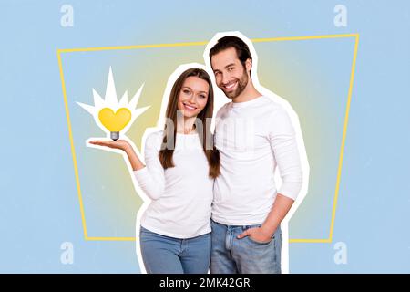 Collage photo of young smile cheerful couple boyfriend with girlfriend harmony together hold yellow lightbulb love symbol isolated on blue background Stock Photo