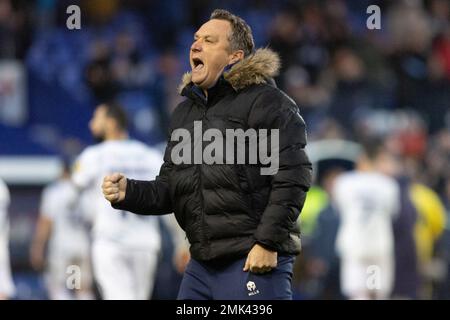 Mickey Mellon manager of Tranmere Rovers celebrates with the home fans after the Sky Bet League 2 match Tranmere Rovers vs Leyton Orient at Prenton Park, Birkenhead, United Kingdom, 28th January 2023  (Photo by Phil Bryan/Alamy Live News)