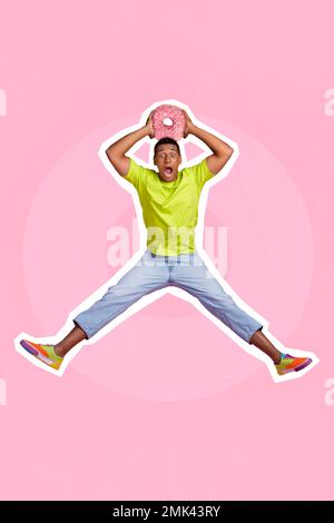 Vertical collage picture of impressed guy arms hold donut above head jumping isolated on pink background Stock Photo