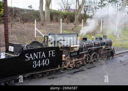 The Santa Fe narrow gauge steam train engine in Marine Park in the town of South Shields, UK. Stock Photo