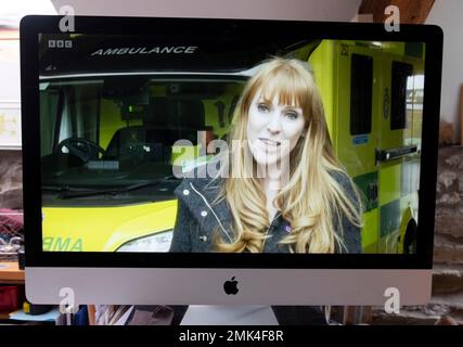 Deputy Leader of the Labour Party Angela Rayner MP at NHS Harlow Ambulance Station on computer screen BBC news 27 January 2023 London UK Britain Stock Photo