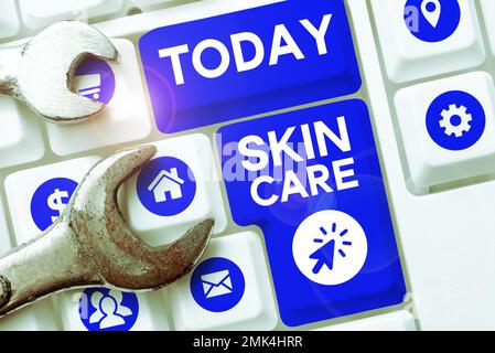 Hand writing sign Skin Care. Word Written on things that you do or use to keep your skin healthy and attractive Stock Photo