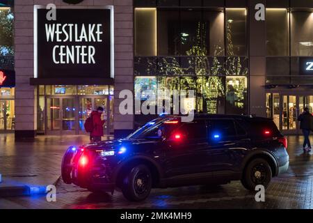 Seattle, USA. 29th Dec, 2022. Early in the evening Police responding to the Westlake Center for a shoplifitng call. Stock Photo