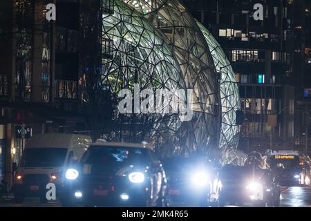 Seattle, USA. 29th Dec, 2022. Early in the evening the Amazon Spheres and traffic. Stock Photo