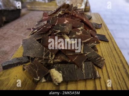 Dry cow jerky in food, sausage and meat market Stock Photo