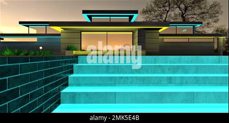 Turquoise illuminated steps with black brick tile border. Amazing suburban family house with glowing LED stripe along the entire facade. 3d rendering. Stock Photo