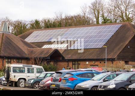 Solar panels on the roof of Lenham community centre, kent, uk Stock Photo