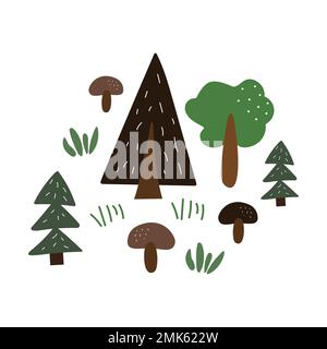 Christmas trees and mushrooms with grass. Summer nature forest illustration. Stock Vector
