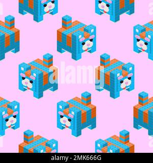 Pattern of cats assembled from plastic blocks on a pink background in isometric style for print and design.Vector illustration. Stock Vector