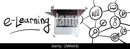 Distance learning concept. Modern method of education. Mind map with icons. Stock Photo