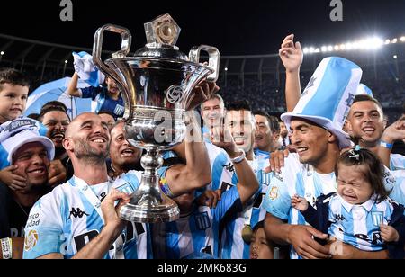 Racing Club players celebrate with their national league trophy after  defeating Defensa y Justicia in Buenos Aires, Argentina, Sunday, April 7,  2019. Racing Club, one of the five giants of Argentinian soccer, won its  ninth national league trophy last weekend ...