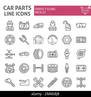 Car parts line icon set, automobile symbols collection, vector sketches, logo illustrations, auto repair signs linear pictograms package isolated on white background, eps 10. Stock Vector