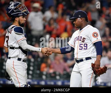 American League relief pitcher Framber Valdez, of the Houston Astros,  throws to a National League batter during the third inning of the MLB All- Star baseball game, Tuesday, July 19, 2022, in Los